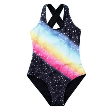 Girls SwimsuitSummer Cute Crisscross Rainbow Printing Conjoined Onesie Swimsuits Girls' Swimwear Black 8 Years