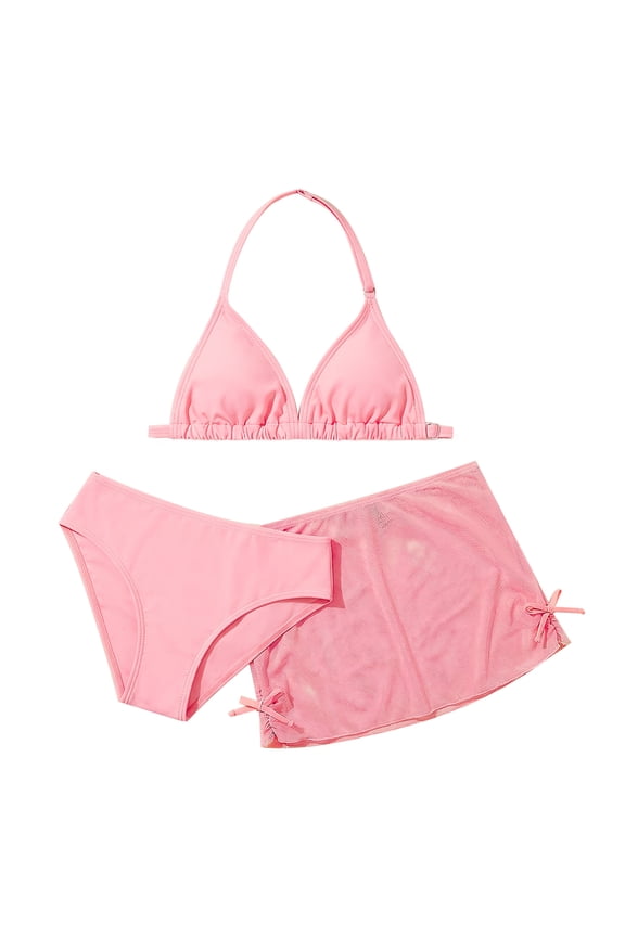 Girls Bikini Three-Piece Swimsuits High Waisted Bathing Suit Sheer Mesh Cover Up Skirt