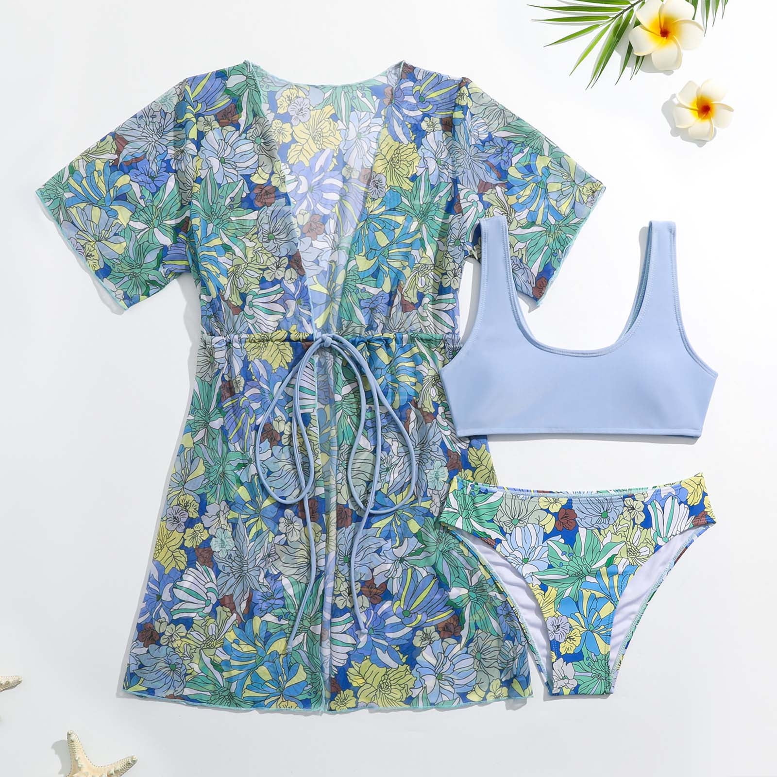 Costume Da Bagno Donna 3 Pezzi Modesto: Manica Corta, Stampa Floreale, Taglie XS-6XL