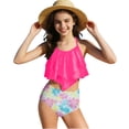 thumbnail image 1 of Girls Swimsuits 2 Piece Ruffled Tankini Set Summer Tropical Print Halter Top and High Waisted Bottoms, Bathing Suit for 7-14 Years, 1 of 7