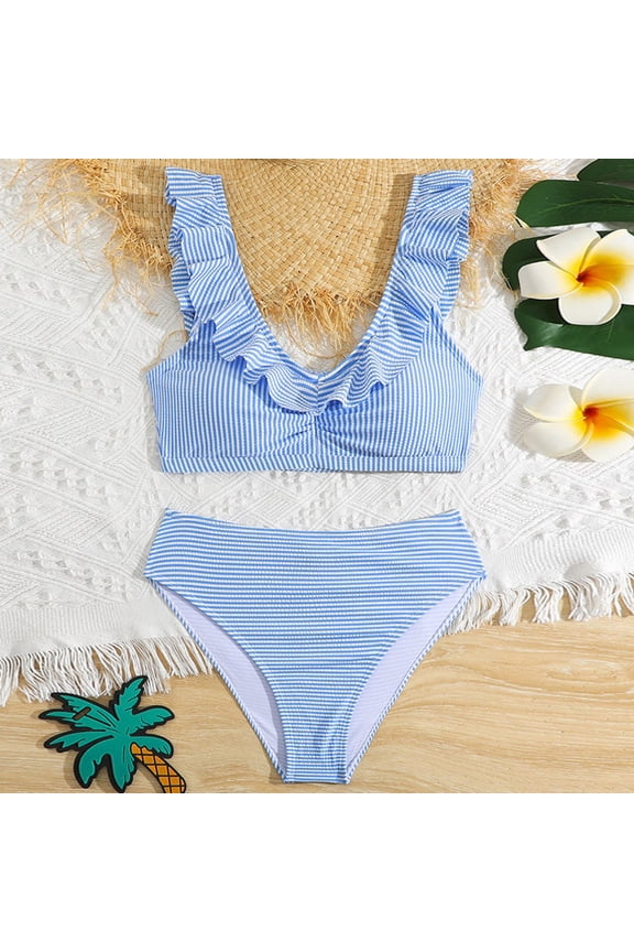 Girls Swimsuits 2 Piece Solid Print Hollow Out Ruffles Spaghetti Straps Bikini Set for Hot Spring Bathing Suits for Girls Light Blue 13 years