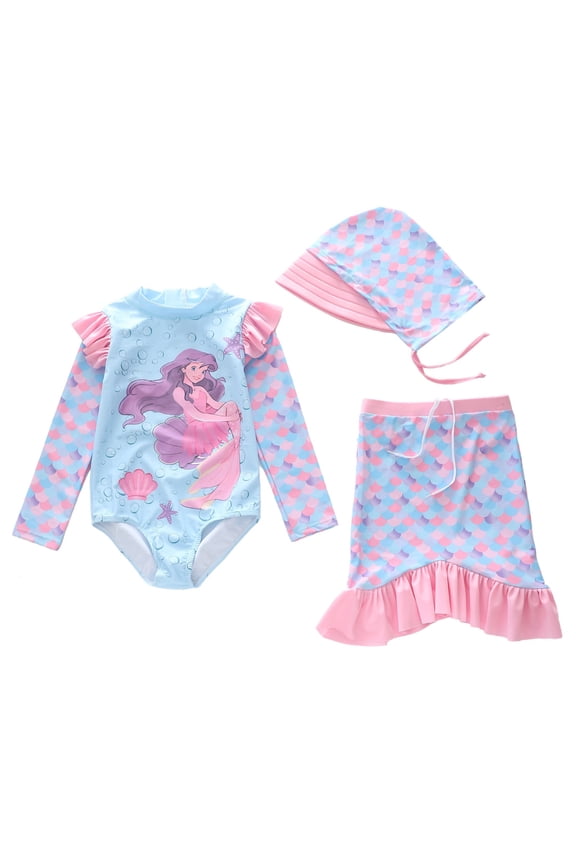 Girls Swimsuits 3 Pcs Sun Cartoon Print Style Long Sleeve Kids Beachwear