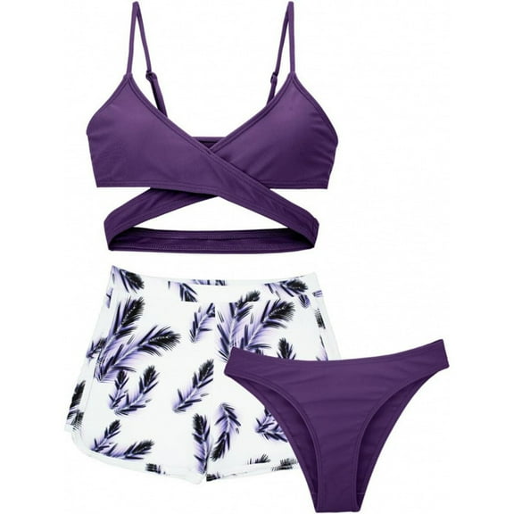 Girls Swimsuits 3 Piece Bathing Suit Set Floral Bikini Swimwear with Cover Ups Beach Skirt 10 Years 3 PCS Swimsuit Girls Teen Bathing Suit