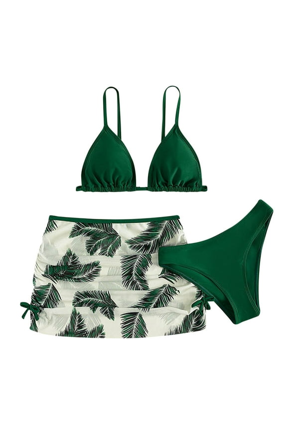 Girls Swimsuits 3 Piece Bathing Suit Soild Bikini Tops Underpants Print Skirt Set Teen Swimsuits