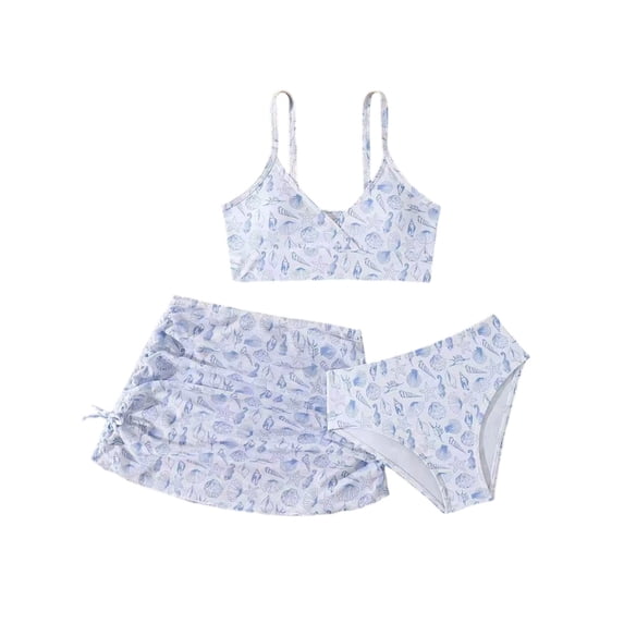 Girls Swimsuits 3 Piece Floral Print Drawstring Cute Ruched Bathing Suits Hawaiian Beach Vacation Cover Up Skirt Swimwear