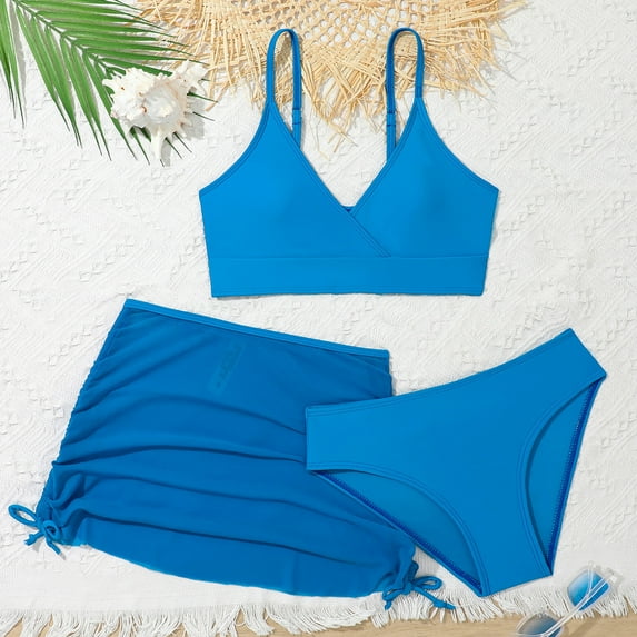 Girls Swimsuits 3 Pieces Bathing Suit Textured Halter Triangle Bikini Swimsuit with Beach Skirt Beach Swimwear Tankini Bathing Suit Set for Teen Girl