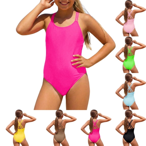 Girls Swimsuits Adjustable Straps Quick Dry Cross-Back Swimwear Summer Beach Pink Swimsuit Girls Size 8-16 Years