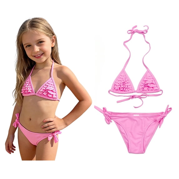 Girls Swimsuits Backless Halter 2 Piece Girls Bikini Sets with Solid Color Swimsuit Kids 7-8 Years