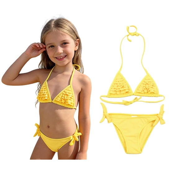 Girls Swimsuits Backless Halter Two Piece Girl Bathing Suit with Solid Color Swimsuit Kids 7-8 Years