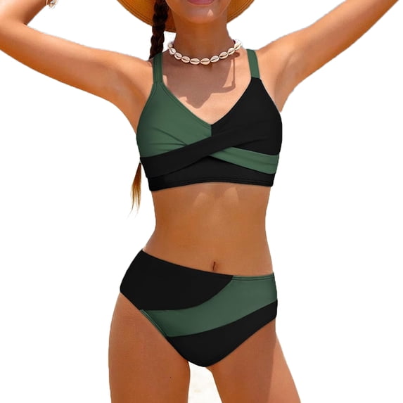 Girls Swimsuits Bikini Color Block V Neck Girl Swimsuit Two Piece Bathing with Swim Bottoms for Girls 7-16 Years