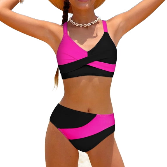 Girls Swimsuits Bikini Color Block V Neck Girl Swimsuit Two Piece Bathing with Swim Bottoms for Girls 7-16 Years
