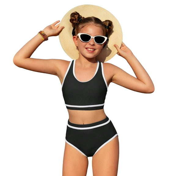 Girls Swimsuits Bikini Set 2 Piece Bathing Suit Color Contrast Trim Swimwear Size 11-16