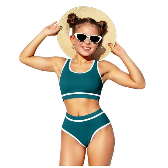 Girls Swimsuits Bikini Set 2 Piece Bathing Suit Color Contrast Trim Swimwear Size 11-16