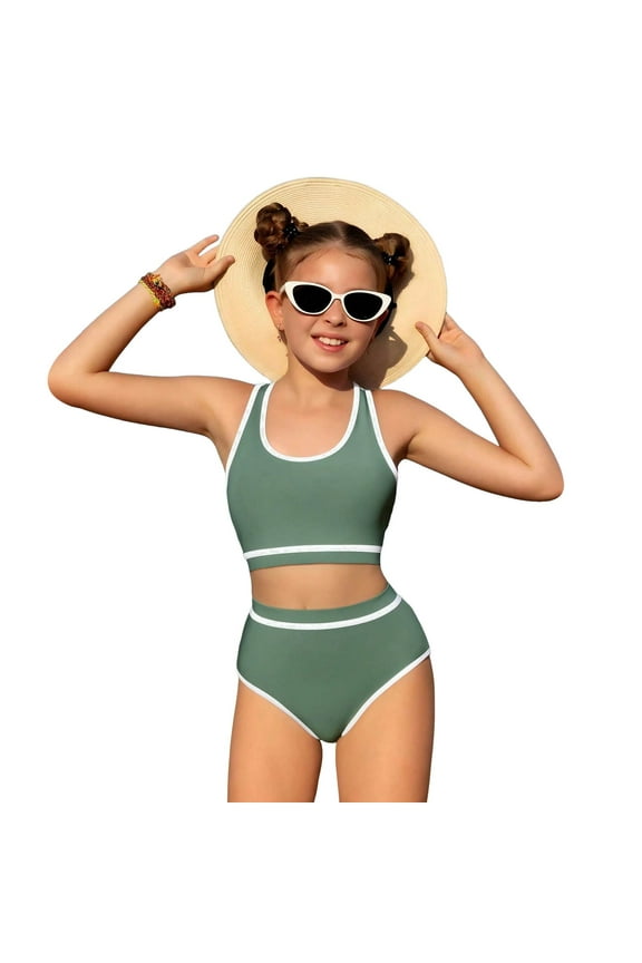 Girls Swimsuits Bikini Set 2 Piece Bathing Suit Color Contrast Trim Swimwear Size 11-16