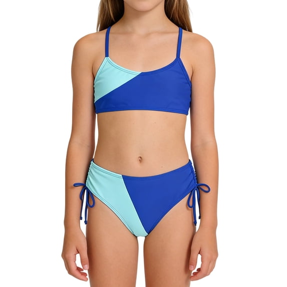 Girls Swimsuits Bikini Set 2 Pieces Color Block Bikini with Adjustable Shoulder Strap Girls Bathing Suit /Blue/14Y