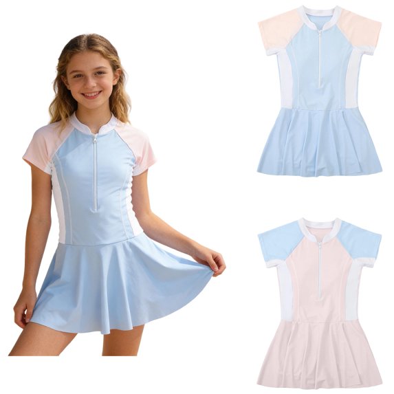 Girls Swimsuits Blue Girls Rash Guard Bathing Suits Quick Dry Zipper Front Swim Dress Kids UPF 50+ Sun Protection Beach Sport Swimwear 11-12 Years