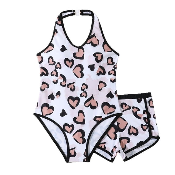 Girls Swimsuits Cute Heart Print with Cover Up Shorts Girls' Swimwear