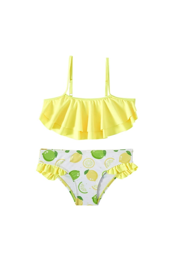 Girls Swimsuits Full Coverage Fruit Lemon Pattern Separate Set Suspender 2 Piece Bikini Sets Bathing Suits For Teens Girls Size D