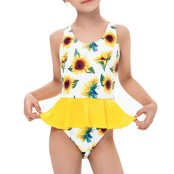 Girls Swimsuits Full Coverage Swimwear One Piece Suspender Sunflower Pattern Beach Takini Set Toddler Bathing Suit Girl Size 152