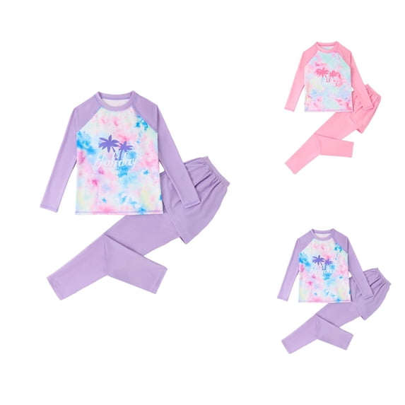 Girls Swimsuits Girls Bathing Suits Girls Swimwear for Kids Two-Piece Rash Guard Set with Long-Sleeve Shirt and Swim Trunks for Girls Protective Swimwear Comfortable Quick-Dry Beachwear