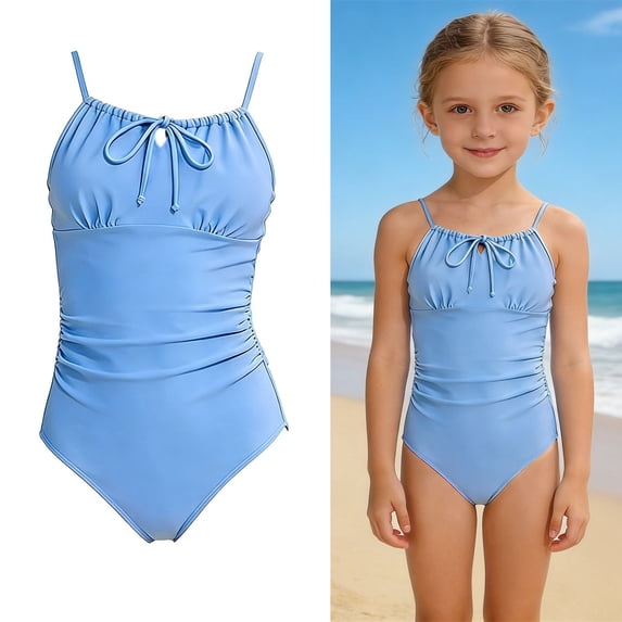 Girls Swimsuits Halter 1 Piece Bathing Suit Quick Dry Summer Swimwear Ruched Bathing Suit for Girls 7-8 Years