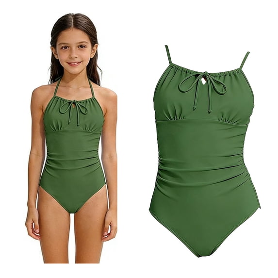 Girls Swimsuits Halter 1 Piece Swimming Suits Quick Dry Summer Swimwear Ruched Girls' Swimwear 6-7 Years