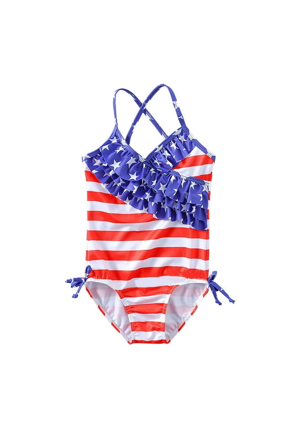 Girls Swimsuits Kids Summer 1 Piece Independence Day Beach Bikini Clothing Swimwear Blue