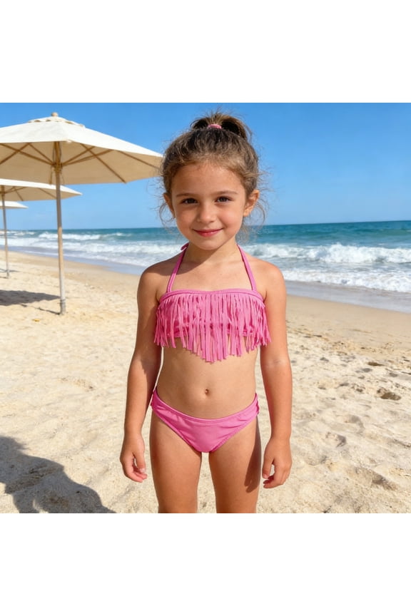 Girls Swimsuits Kids Two Piece Swimsuit Solid Fringe Detail Halter Top with Bottoms Fashion Girls Bathing Suit Size 14-15Y
