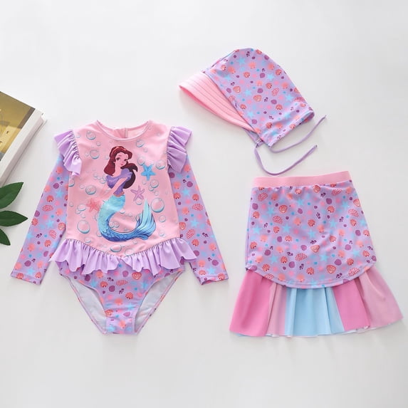 Girls Swimsuits Mermaid Print Long Sleeve One Piece Swimsuit with Colorful Hem Swim Skirt and Cap 3 Piece Set Girls Bathing Suits Size 7-8Y