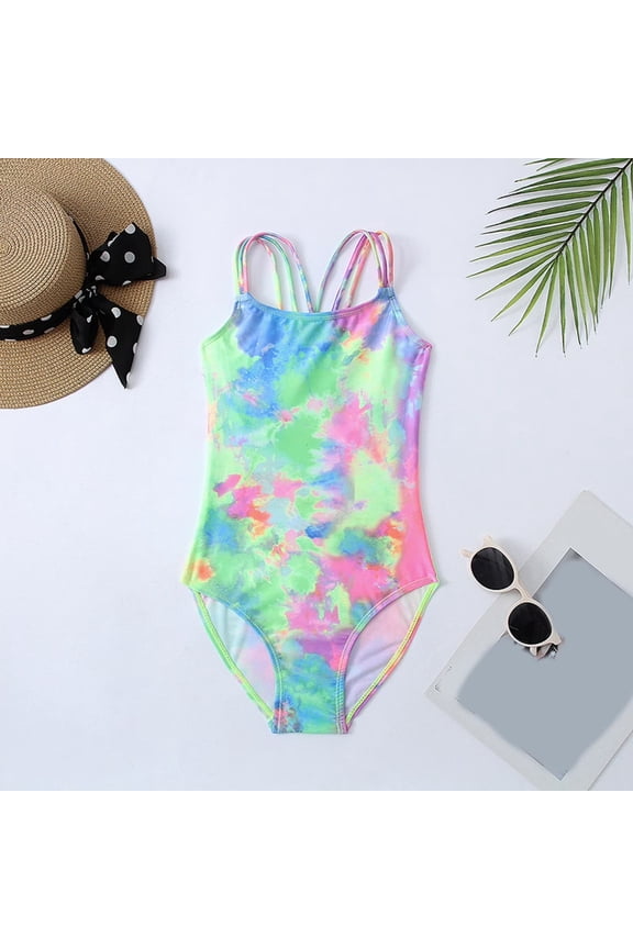 Girls Swimsuits One Piece Cross-Back Sleeveless Bathing Suit Breathable Adjustable Strap Tie Dye Printed Swimwear