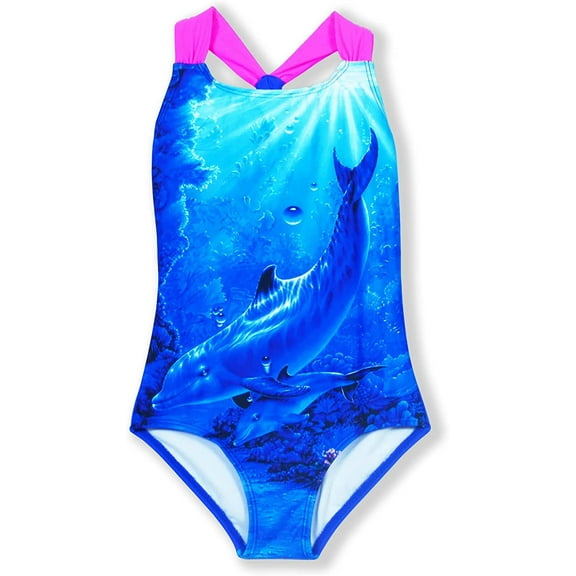 Girls Swimsuits One Piece Crossback Swimwear Beach Bathing Suit 3-14 Years