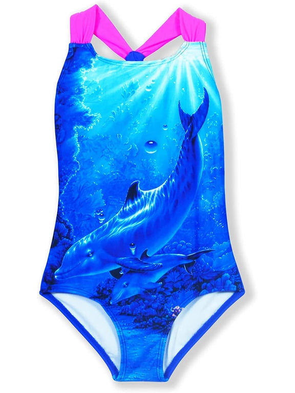 Girls Swimsuits One Piece Crossback Swimwear Beach Bathing Suit 3-14 Years