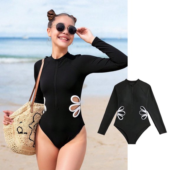 Girls Swimsuits One Piece Solid Color Long Sleeve Front Zip Rash Guard Teen and Juniors Monokini Bathing with Side Hollow Out Black Size 14-15 Y