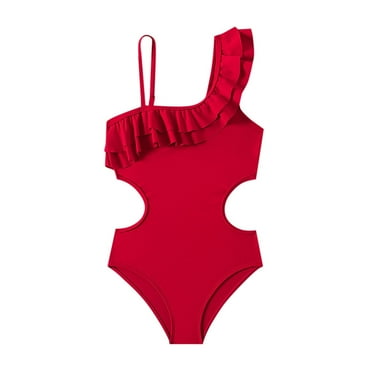 Girls Swimsuits One Shoulder Ruffle Swimwear Solid Kids Bathing Suits Girls,Size 11 Years-12 Years