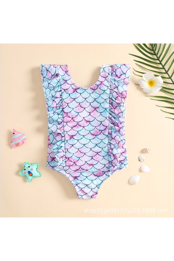 Girls Swimsuits Ruffle Hem Fish Scale Print Crew Neck One Piece Hawaiian Pool GirlsBathing Suit Multicolour 2 Years-3 Years