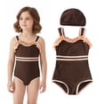 thumbnail image 1 of Girls Swimsuits Ruffle Trim 1-Piece Bathing Suits Quick Dry Beach Swimwear with Swim Cap Kids Swimsuits 4-5 Years, 1 of 8