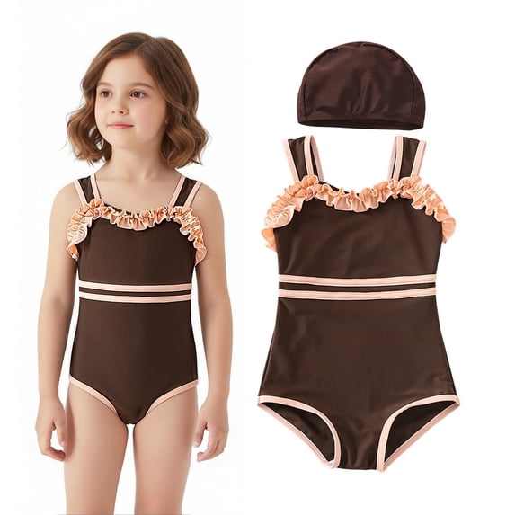 Girls Swimsuits Ruffle Trim 1-Piece Bathing Suits Quick Dry Beach Swimwear with Swim Cap Kids Swimsuits 4-5 Years