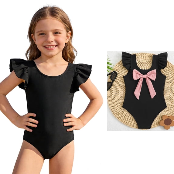 Girls Swimsuits Ruffled Swimsuit with Back Bow Desgin Girls 1 Piece Swimsuit Girls 5-6 Years Bathing Suits