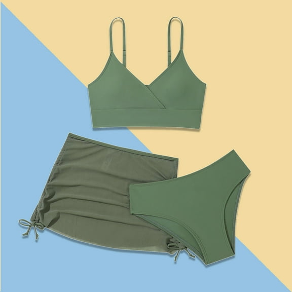 Girls Swimsuits Set 3 Piece Bikini Set with Skirt Cover up Solid Toddler Bathing Suit Girl 8-9 Years