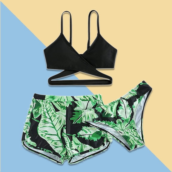 Girls Swimsuits Set 3 Piece Bikini Swimsuit Set with Cover up Shorts Summer Print Teen Bathing Suits 12-14