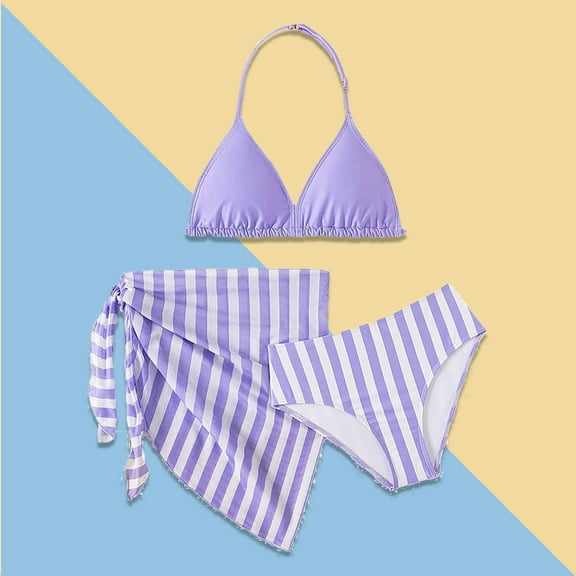 Girls Swimsuits Set 3 Piece Cute Bikini Swimwear Set with Cover up Skirt Stripe Toddler Bathing Suit Girl 7-8 Years