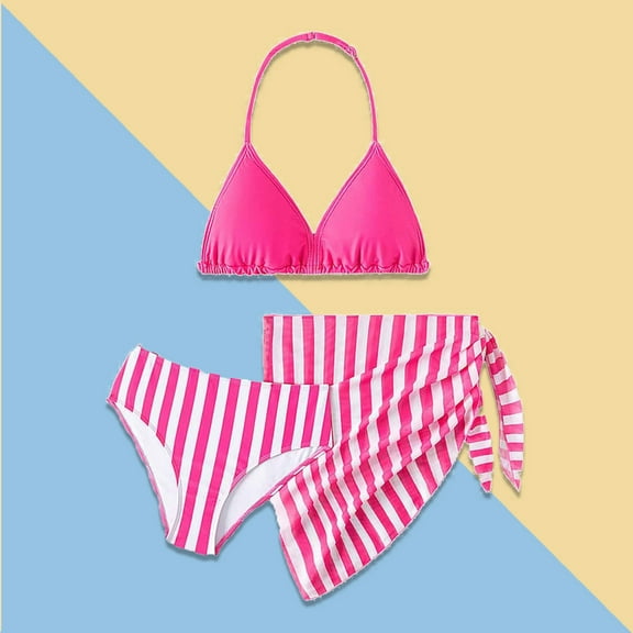 Girls Swimsuits Set 3 Piece Summer Bikini Bathing Suit Set with Cover up Skirt Stripe Toddler Girl Bathing Suit 7-8 Years