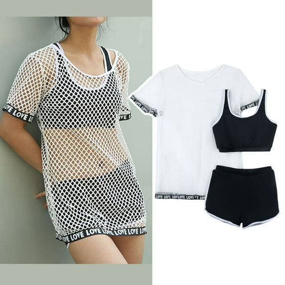 Girls Swimsuits Set 3 Piece Summer Tankini Swimwear Set with Cover up Top Letter Tape Teen Bathing Suit 6-7 Years