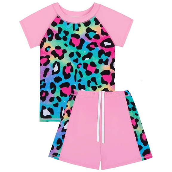 Girls Swimsuits Size 10-12 Fashion Scale Printed Bathing Suit Set Short Sleeve Shirts and Swim Trunks 2 PC Rash Guard Sunsuit Boy Swimming Suits Kids Swimwear Sets R01-Pink 6-7 Years