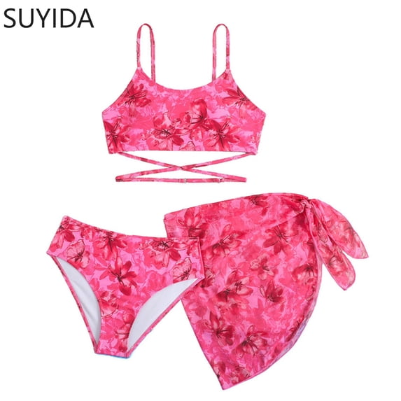 Girls Swimsuits Size 10-12 Rash Guard Bikini Sets Spaghetti Strap Tankini Set 3pcs Cute Pattern Print Ruffle Bathing Suit