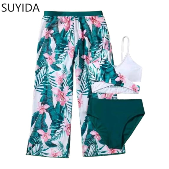 Girls Swimsuits Size 10-12 Ribbed Girls' Bikini Sets Tie-Straps Tankini Set 3pcs Color Block Girls Bathing Suit size 12