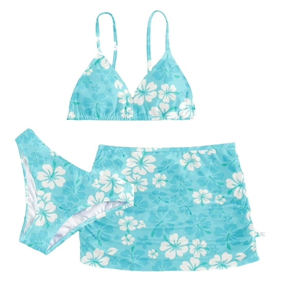 Girls Swimsuits Size 10-12 Teen Clothes For Girls Teen Girls Swimsuits Bathing Suits 3 Piece Tropical Floral Bikini Sets Girls' Swimwear with Cover Up Skirt Sky Blue 12-14 Years