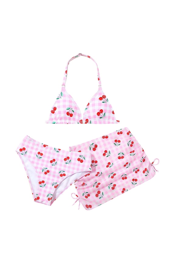 Girls Swimsuits with Cover Up Skirt 3 Piece Halter Triangle Bathing Suits Bikini Set for Size 5-13