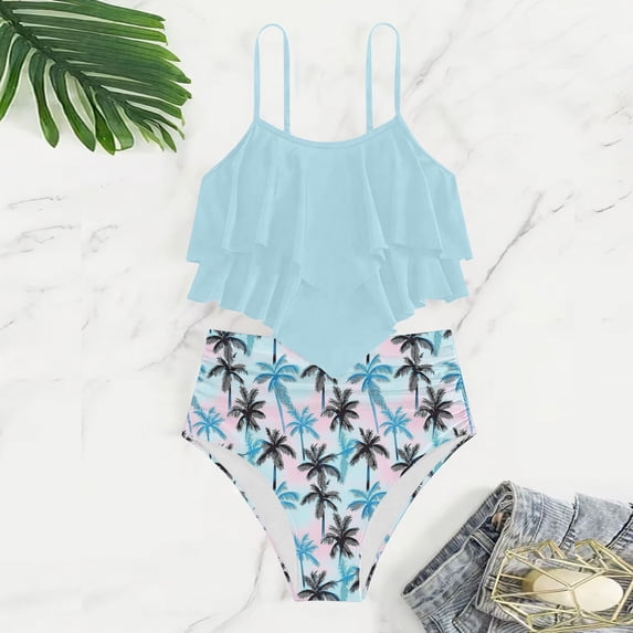 Girls Swimsuits Size 14-15 with Shorts Girls Swimsuit 2 Piece Tankini with Adjustable Straps Drawstring Shorts Ruffle Bathing Suit for 7-16Y