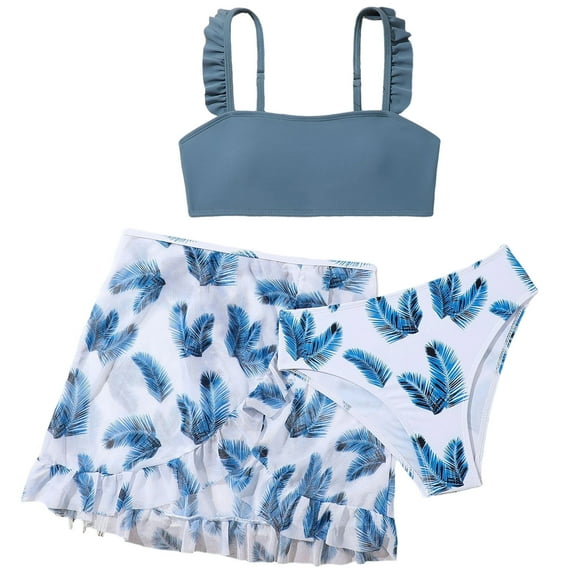 Girls Swimsuits Size 14-16 3 Piece Quick Dry 3t Bathing Suit Girl Adjustable Straps Tropical Printed Bikini Sets for Teen Girls Cute Ruffle Ruched Side Girls Swimwear Tankini Summer Girl's Swimwear